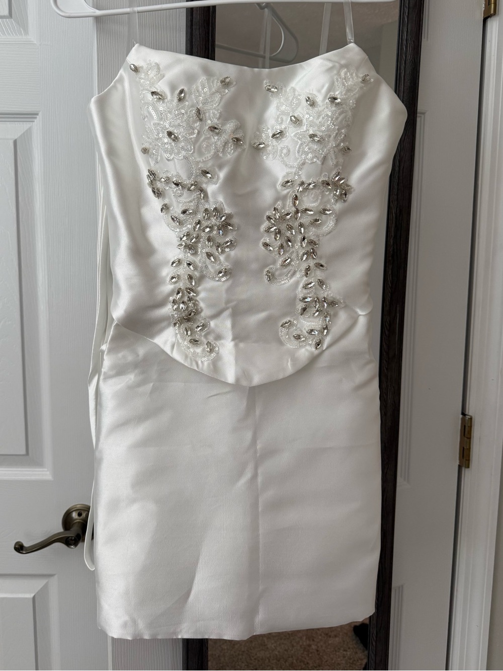 Strapless White Satin Mini Dress with Beaded Embellishment